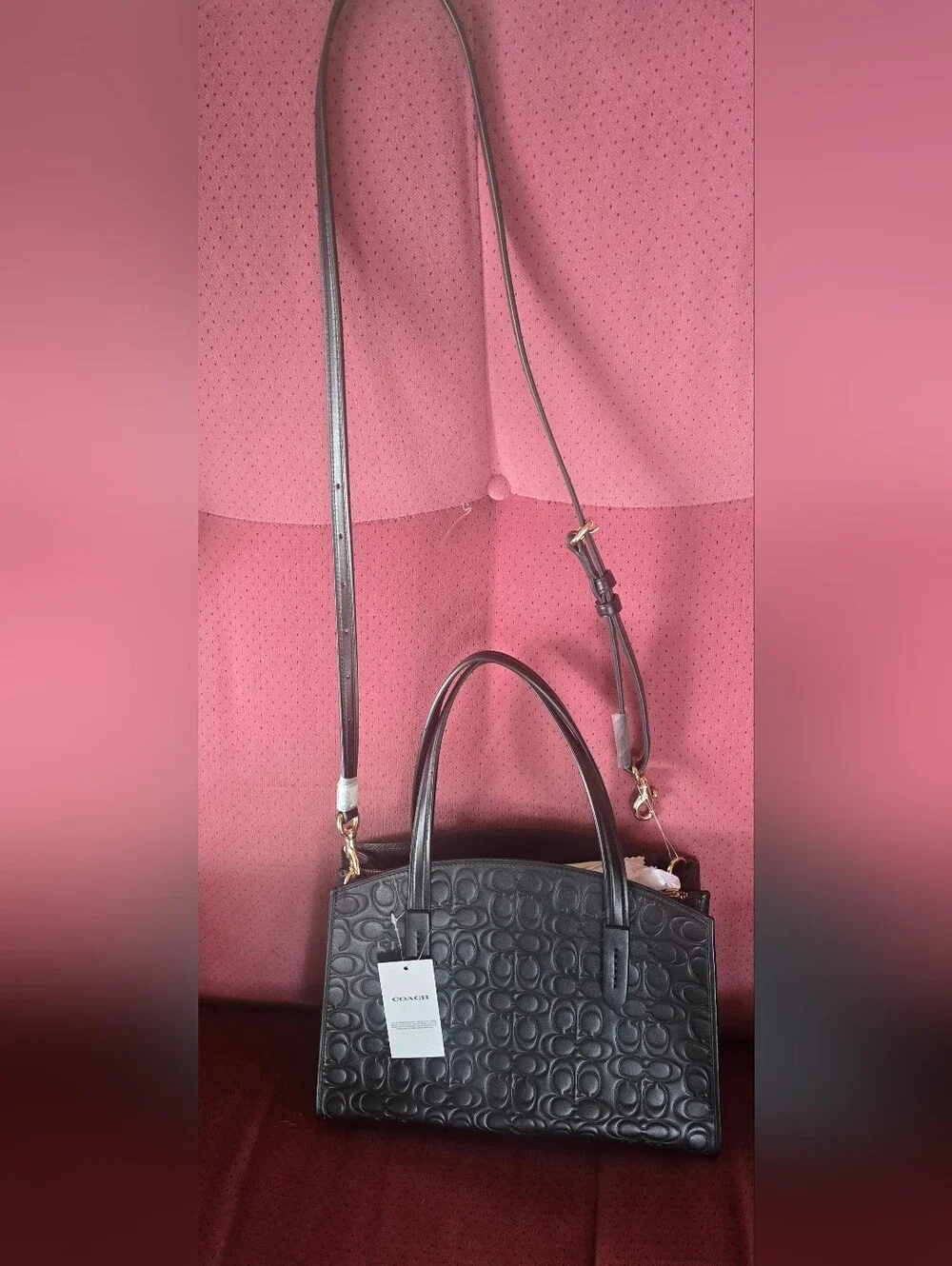 Coach Black Embossed Logo Leather Satchel with Crossbody Strap
